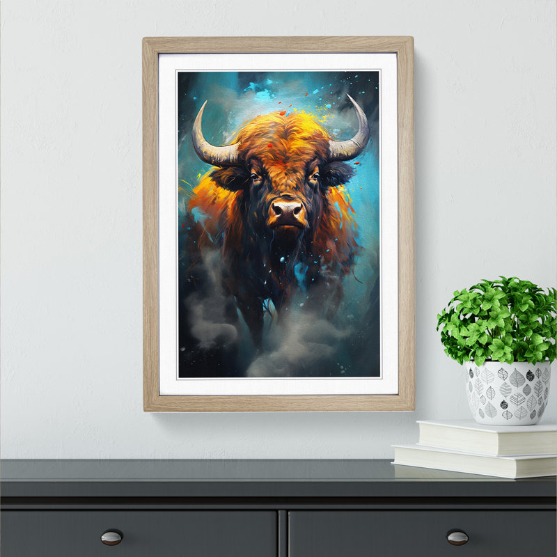 Buffalo Digital Art - Framed Print, 64cm H x 46cm W x 2cm D, Oak Framed
