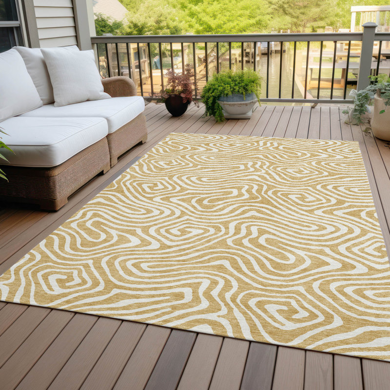 Gold and White Flat Woven Synthetic Rectangular Rug