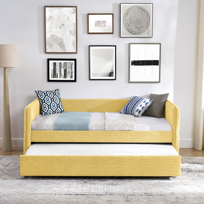 Lit de jour avec lit gigogne escamotable et capitonné, taille simple, tissu Boucle (83 po x 43 po x 29,5 po), Lit simple