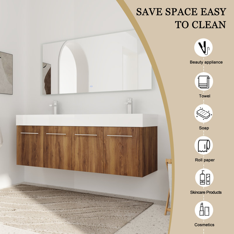 Meuble-lavabo double 60 po avec plateau en résine, Blanc