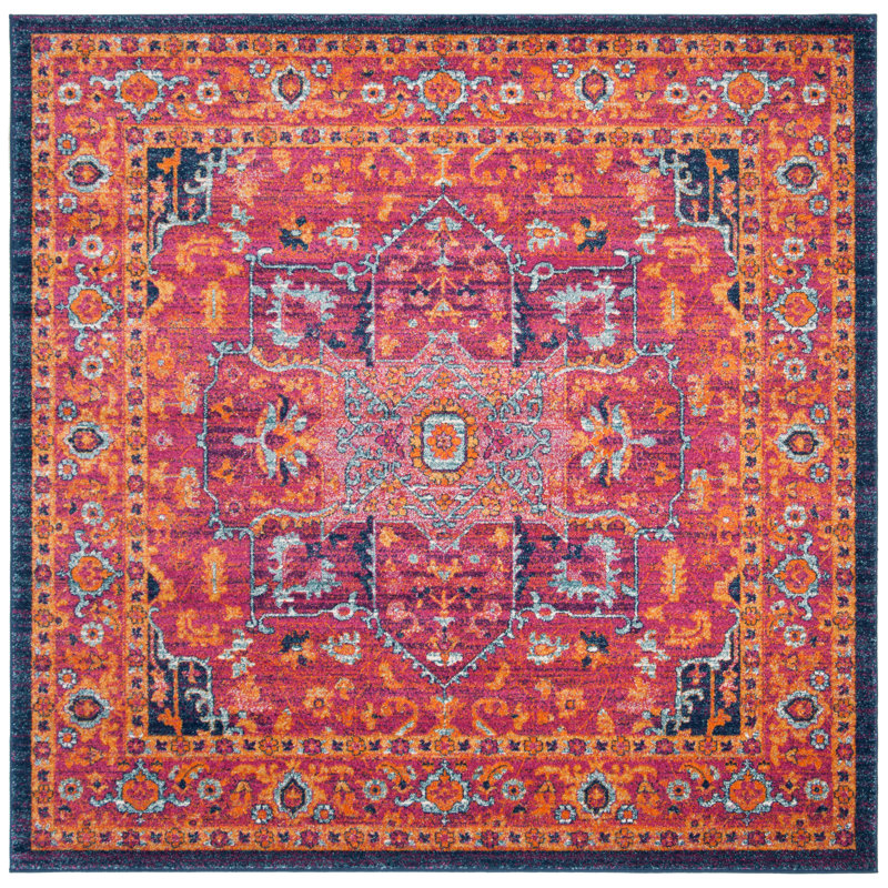 Tapis oriental orange / fuchsia Annette, Carré 6 pi 7 po