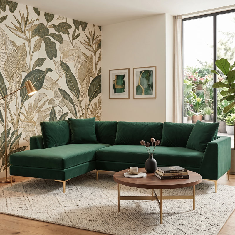Ludivine 112" Wide Velvet Sofa & Chaise, Left Hand Facing, Green Velvet