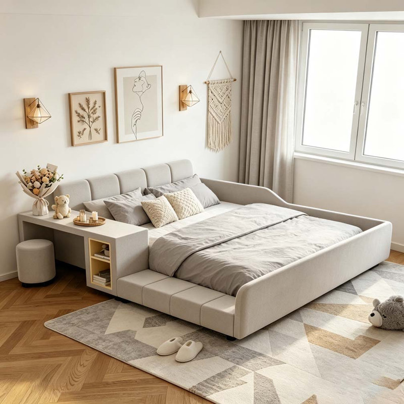 Lit tapissier à la terre, lit mère et enfant avec bureau de chevet et petit tabouret rond, velours, Beige, Grand