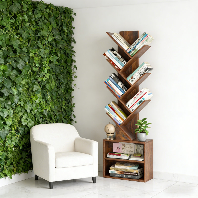 10-Shelf Tree-Design Bookcase, Bookshelf For Tight Spaces, Floor-Standing Storage Organizing Unit For Books, Tall Freestanding Bookcase Forhome Office