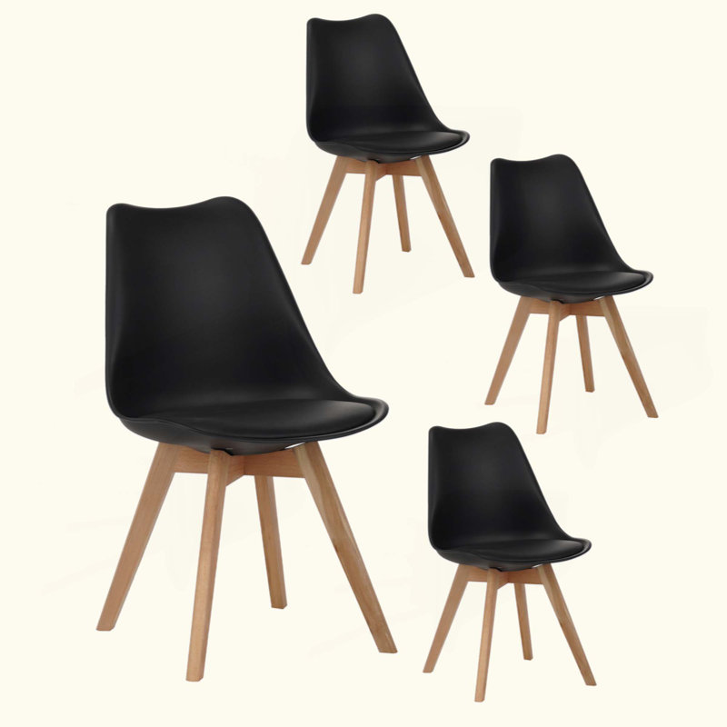 Ensemble de 4 chaises de salle à manger modernes Malijah avec coussin en similicuir et structure en bois, Noir