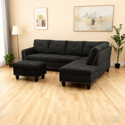 Ensemble de trois pièces de canapé multifonctionnel en similicuir noir (siège simple + siège double + tabouret de rangement) avec table basse pliante et décoration cloutée en cuivre rétro