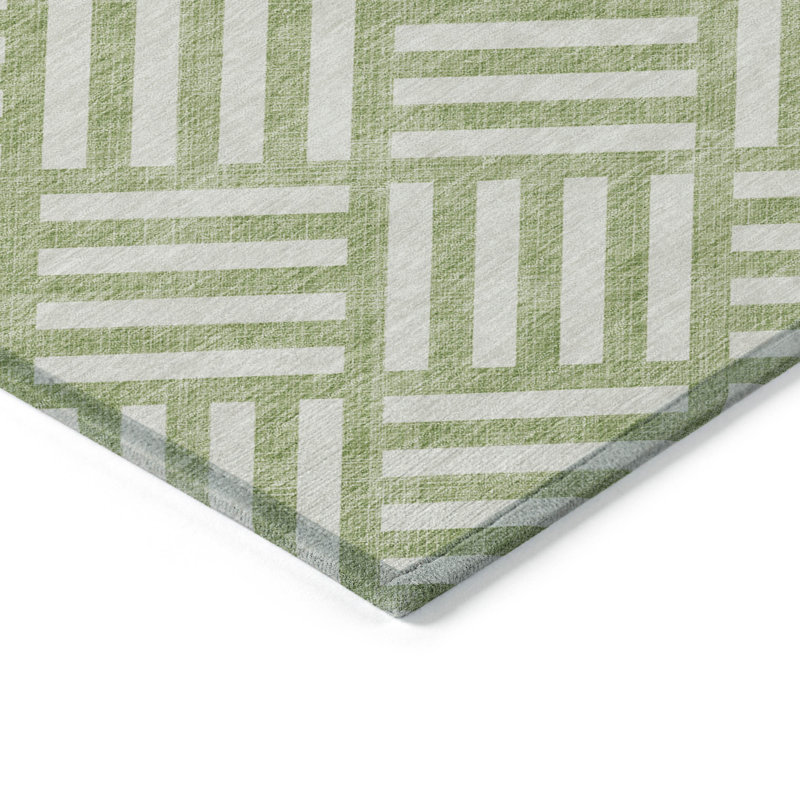 Tapis intérieur / extérieur 10 pi x 14 pi vert et ivoire à motif géométrique lavable