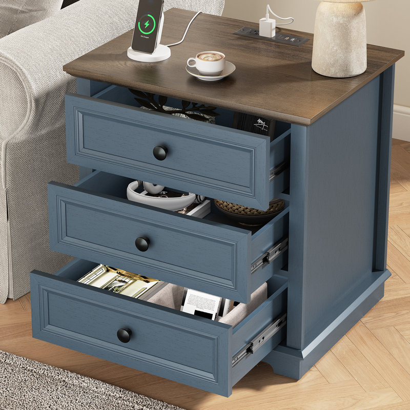 Beattie 3-Drawer Sets End Tables with Storage and Built-in Outlets,Side Table for Living Room,Bedroom,Office, Blue/Walnut