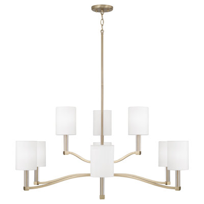 32" W x 9.25" H 9-Light Two-Tier Chandelier in Matte Brass with Clear Acrylic Accents and Cylindrical White Fabric Shades
