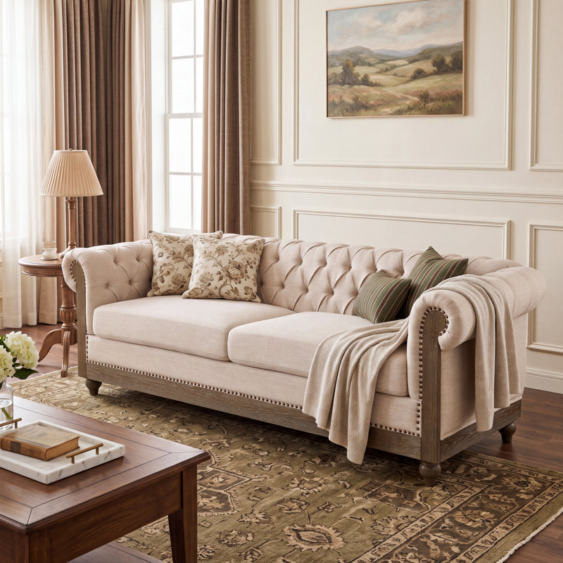 Canapé Chesterfield à accoudoirs roulés de 78,75 po Anduin, Polyester beige, Marron foncé