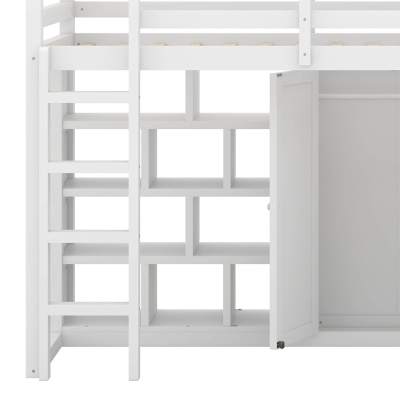 Twin Size Loft Bed With Wardrobe And Storage Shelves, Wooden Loft Bed Frame With Slide And LED