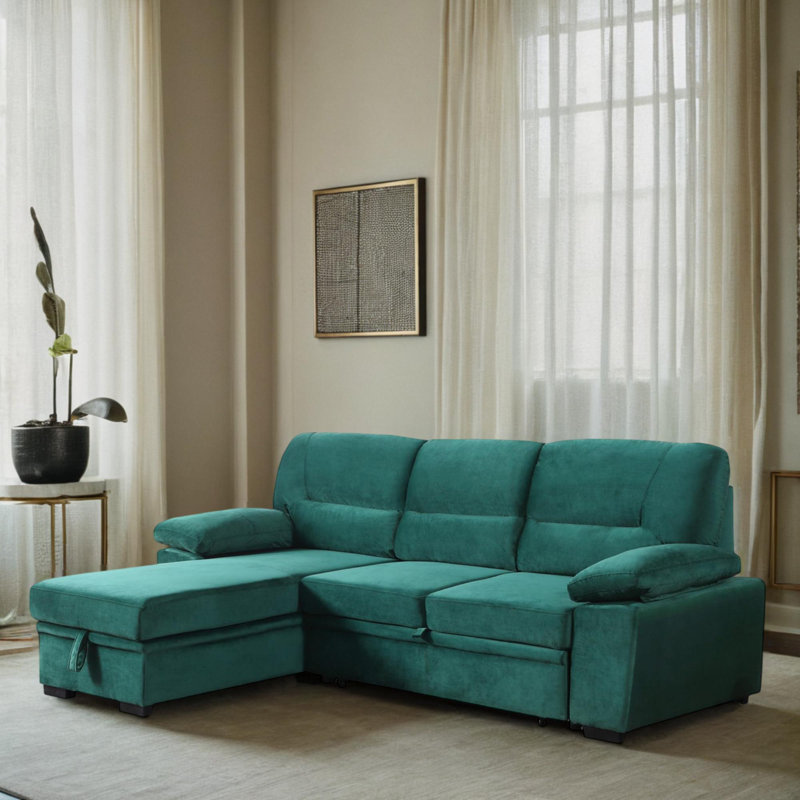 98" Velvet Reversible Sleeper Sectional Sofa Bed with Chaise, Green Velvet