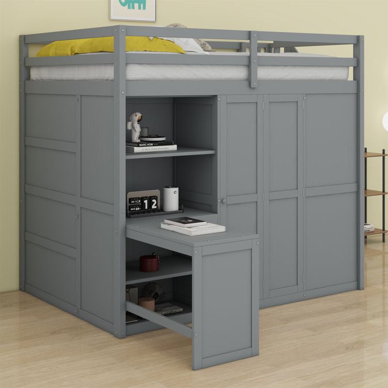 Lit mezzanine avec garde-robe, bureau et tablettes, gris