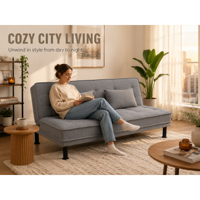 66.1 Inch Futon Sofa Bed, Comfortable Linen Futon Sofa Bed With 2 Pillows, Convertible Sofa Bed For Living Room, Gray