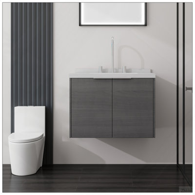 Meuble-lavabo flottant 24 po avec lavabo, porte à fermeture douce, comptoir et dosseret en marbre de culture blanc Carrara 2 po, contreplaqué, gris
