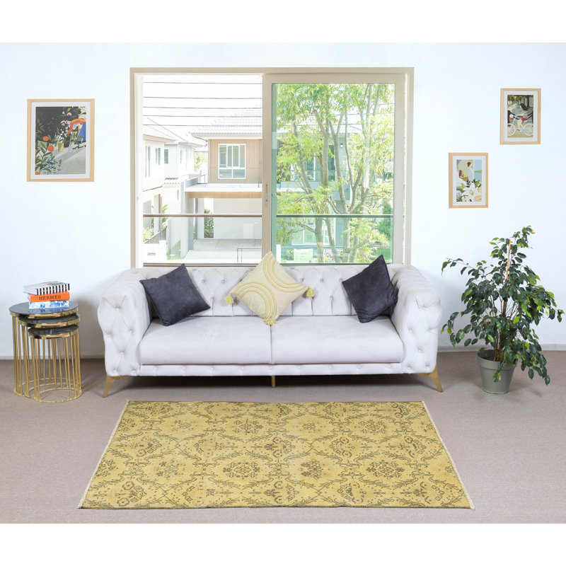 Tapis turc à motif floral fabriqué à la main 3,8 x 6,6 pi de couleur jaune