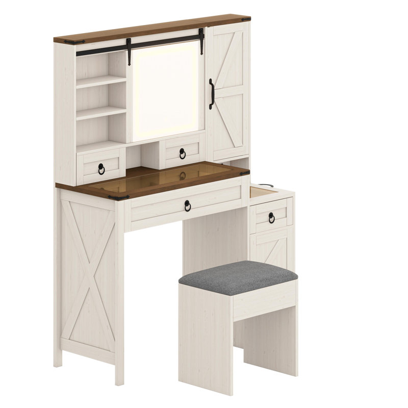 Complete Vanity Set Featuring Sliding Mirror, Illuminated Lights, and Storage Cabinets, White