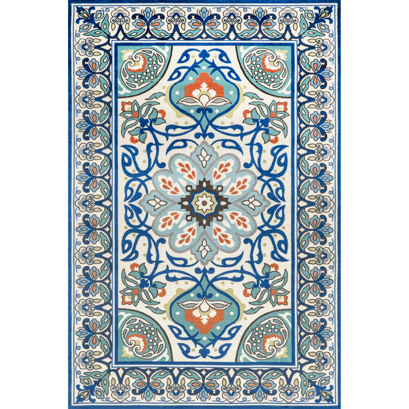 Tapis bleu à motif floral Kujawa, Rectangle 8 pi x 10 pi