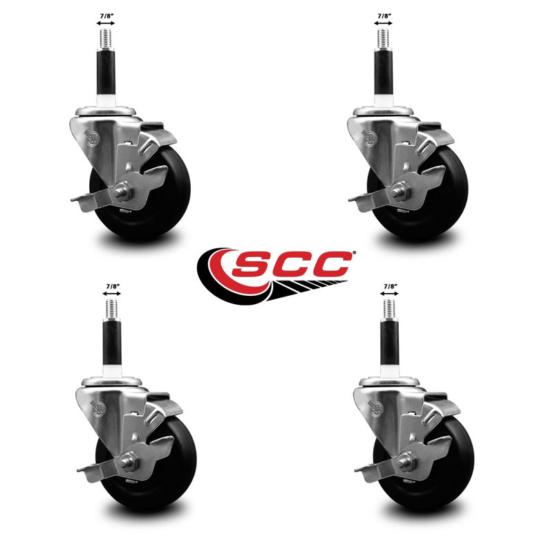 Soft Rubber Swivel Expanding Stem Caster Set with Brake SCC TLB 3.5" x 7/8"
