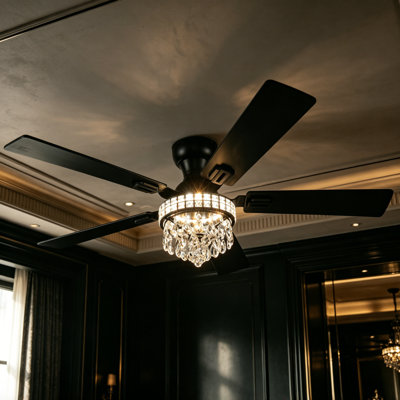  Ventilateur de plafond en cristal moderne de 52 pouces avec lumières, télécommande, installation facile, câble de sécurité, température de 3 couleurs et fonction de mémoire