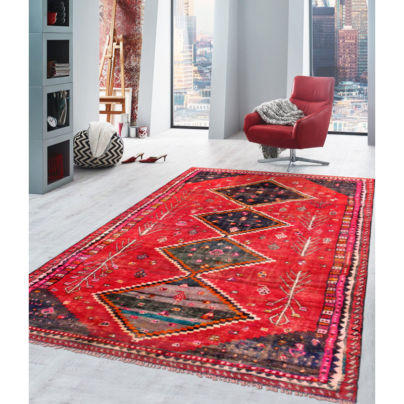 Tapis unique en laine noué à la main rouge / noir / blanc 4 pi 6 po x 9 pi
