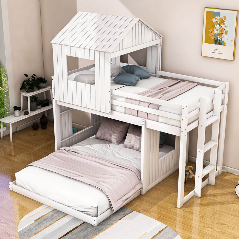 Lit superposé double en bois avec maisonnette en bois, Blanc