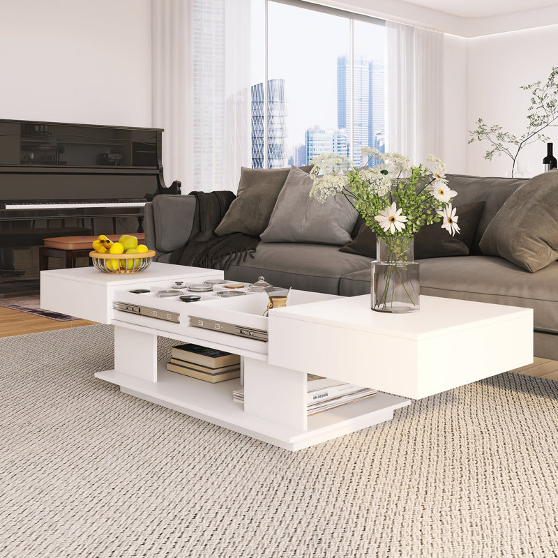 Table basse à rallonge de 41,30 po avec espace de rangement caché, compartiments de rangement multiples, Blanc