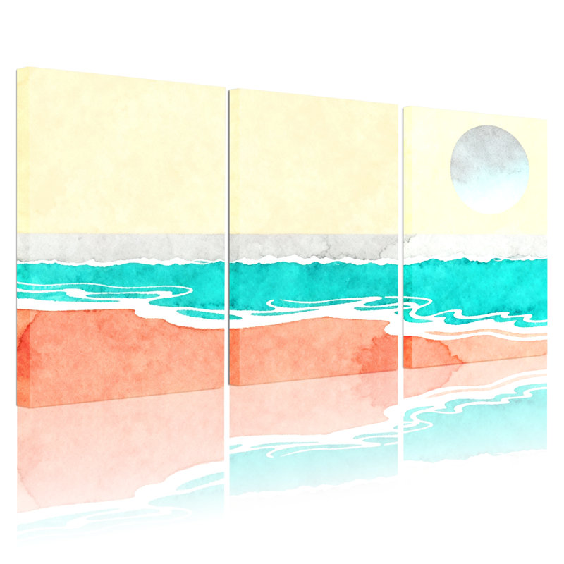 Nautique et plage, plage, vagues, coucher de soleil, océan, lune de sable, ensemble de 3 impressions sur toile
