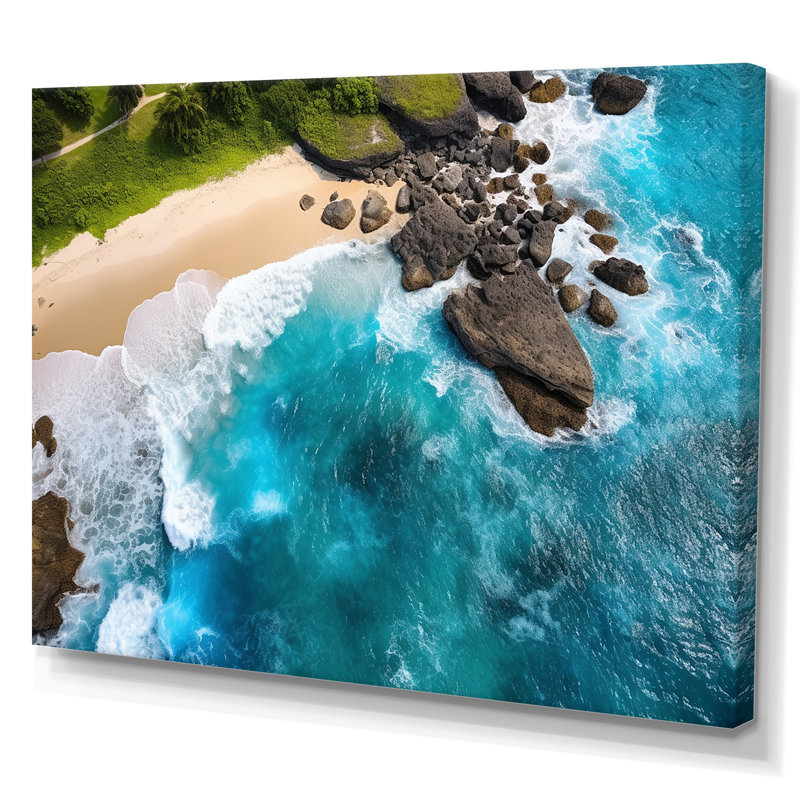 Vue aérienne de la plage rocheuse V - art mural plage et océan, Toile tendue, H 16 po x l 32 po x P 1 po
