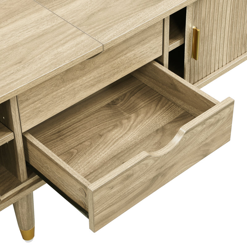 Meuble télé avec porte coulissante et tablettes ouvertes, Crème