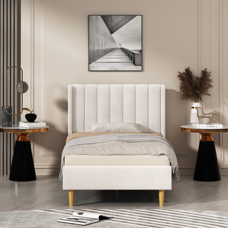 Torrick Upholstered Platform Bed with Tufted Wingback Headboard, Cream Velvet, Twin