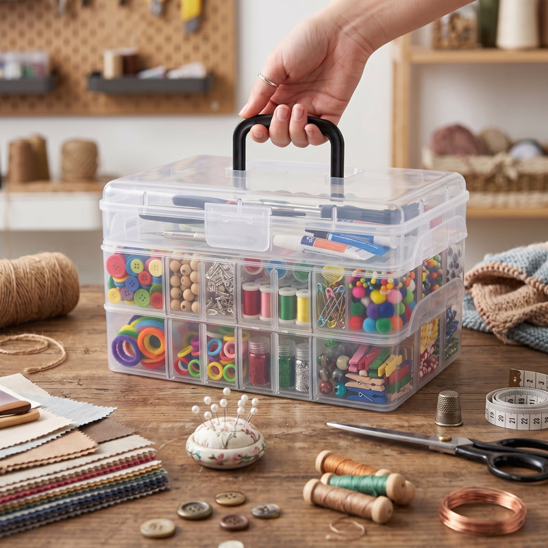 Coffret de fournitures en plastique noir à 3 niveaux, Black