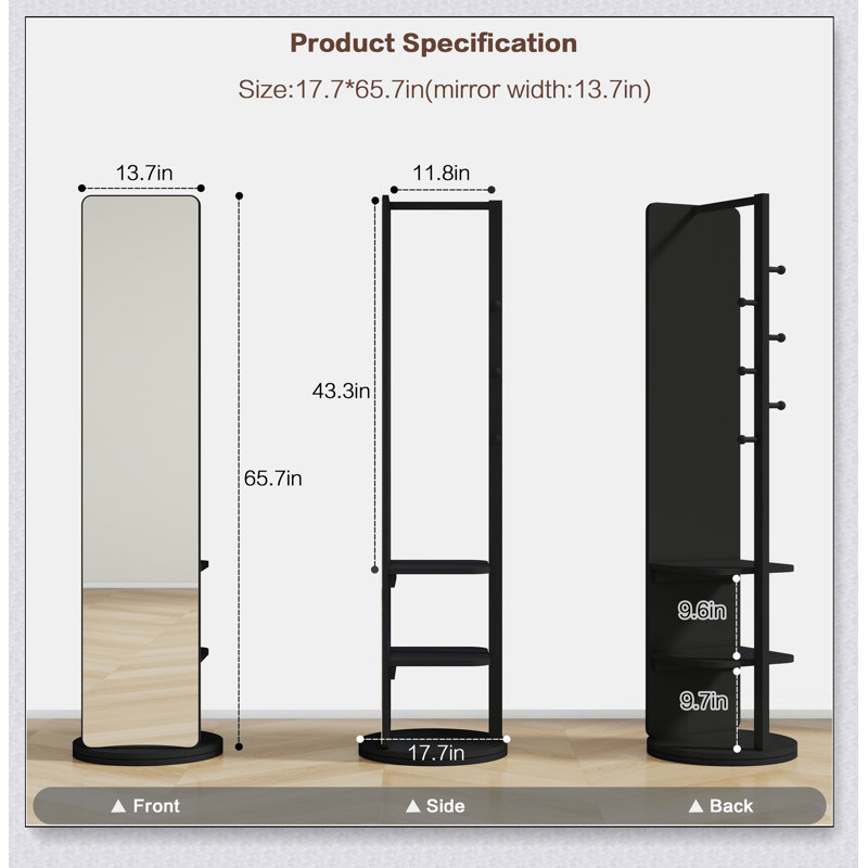 Full-length mirror solid wood + rubber wood + glass, 65.7*17.7in(mirror width:13.7in) Large mirror for viewing the whole body, easy to dress and tidy up and place in the bedroom/living room (Black)