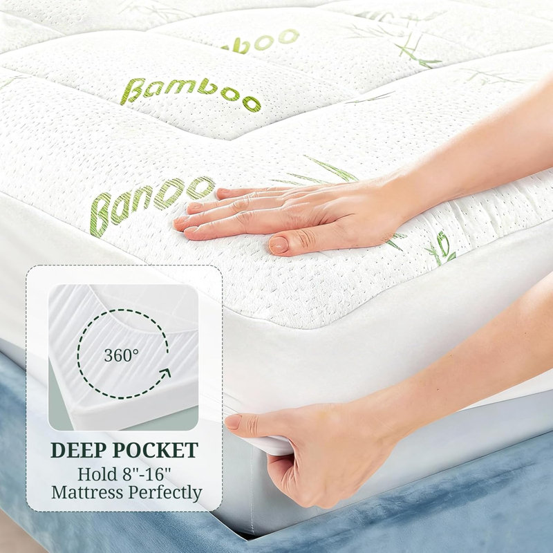 Mattress Protector, Cooling Thick Breathable Viscose Made From Bamboo, Mattress Pad For Back Pain Relief, Bed Topper Mattress Cover With 8-16 Inch Deep Pocket