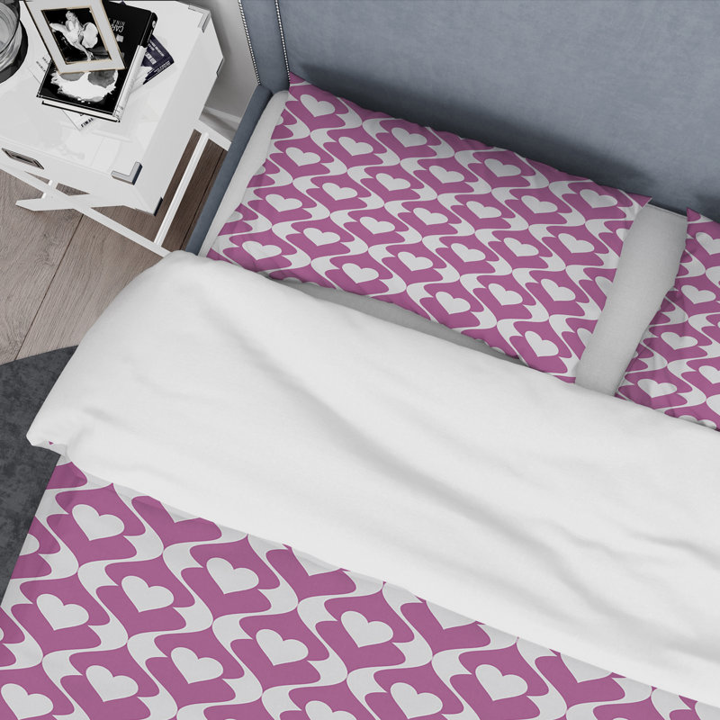 Retro Art Deco - Mid century bedding set - Modern Mid-century Bed cover set, King Duvet Cover + 2 Shams, Purple/White Heart