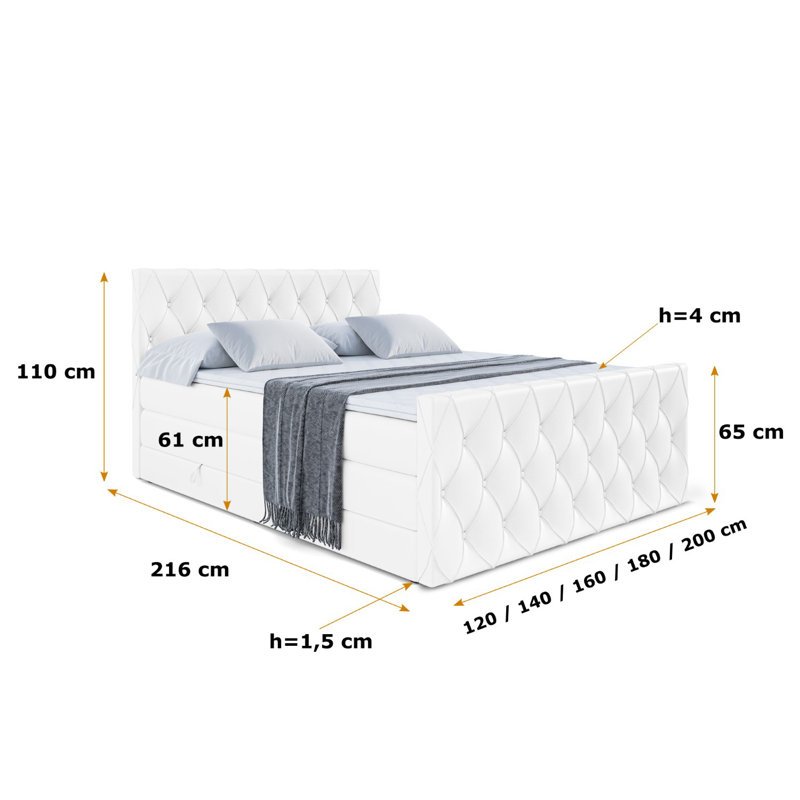 Rosene Bed with Mattress, 160cm W x 200cm L, White