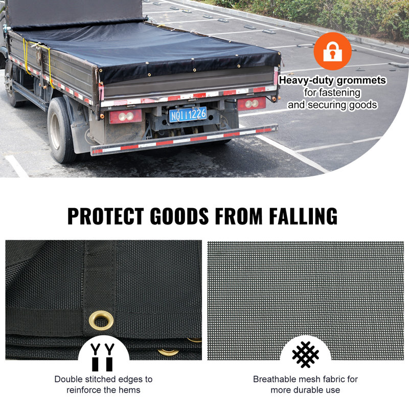 Dump Truck Mesh Tarp, 7 X 18 Ft, PVC Coated Black Heavy Duty Cover With 5.5" 18Oz Double Pocket, Brass Grommets, Reinforced Double Needle Stitch Webbing Fits Manual Or Electric Dump Truck System