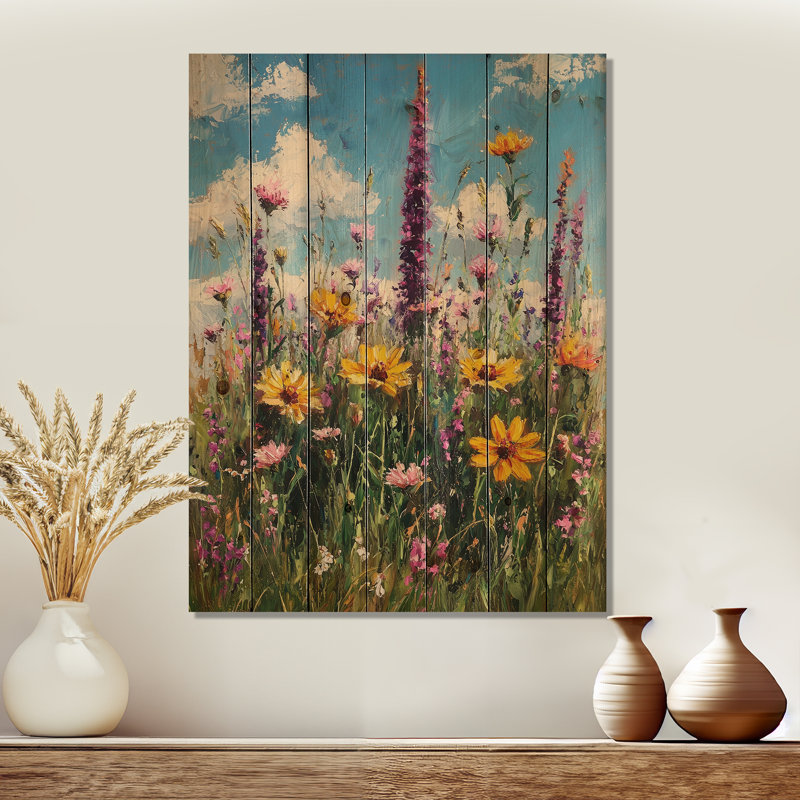 Fleurs sauvages dans des tons pastels impressionnistes I - décoration murale en bois de fleurs sauvages - sur bois de pin naturel