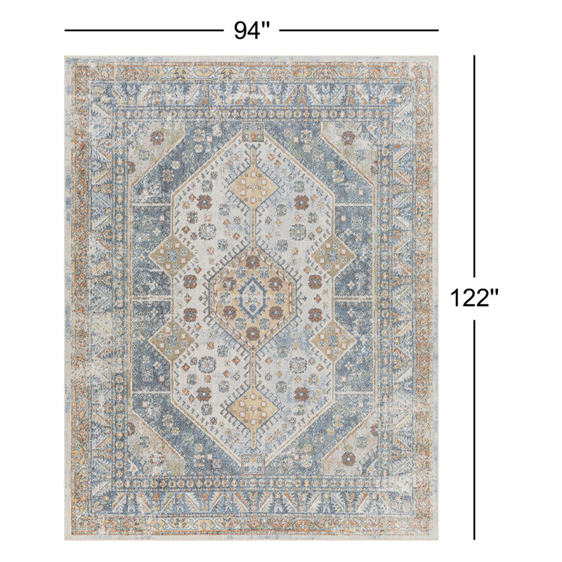 Washburn Machine Washable Oriental Blue/Ivory Area Rug, Rectangle 7'10" x 10'2"