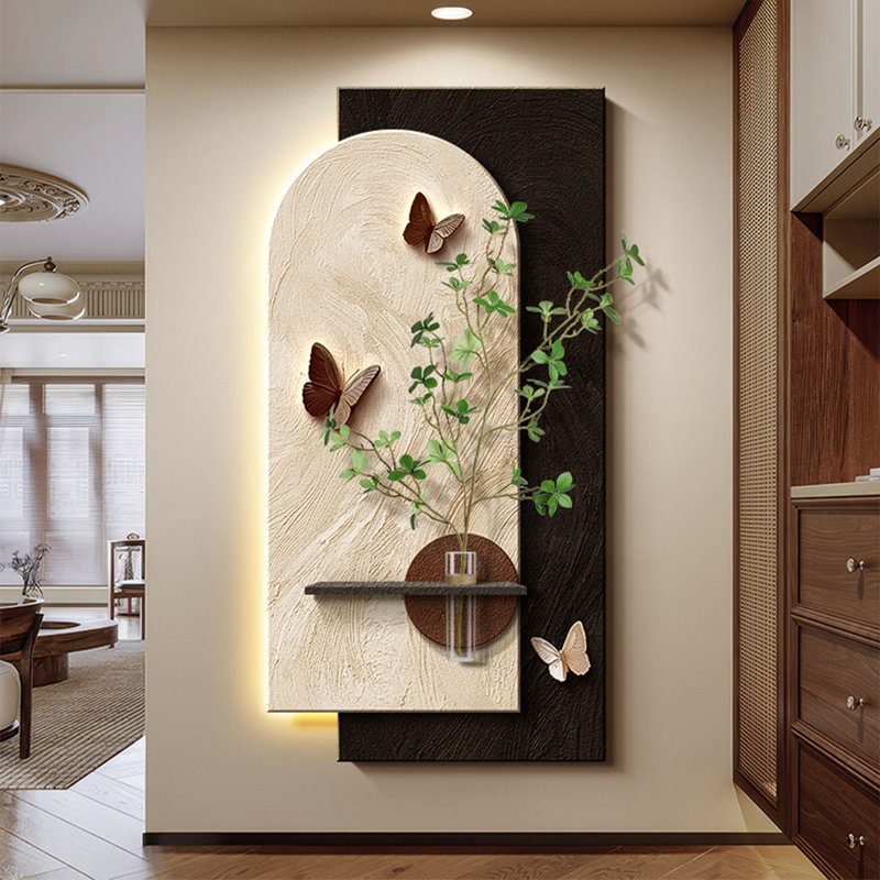 Art mural Mid-Century papillon en grès avec tablette de plantes - décor de vestibule, H 62,99 po x l 31,5 po x P 1,57 po