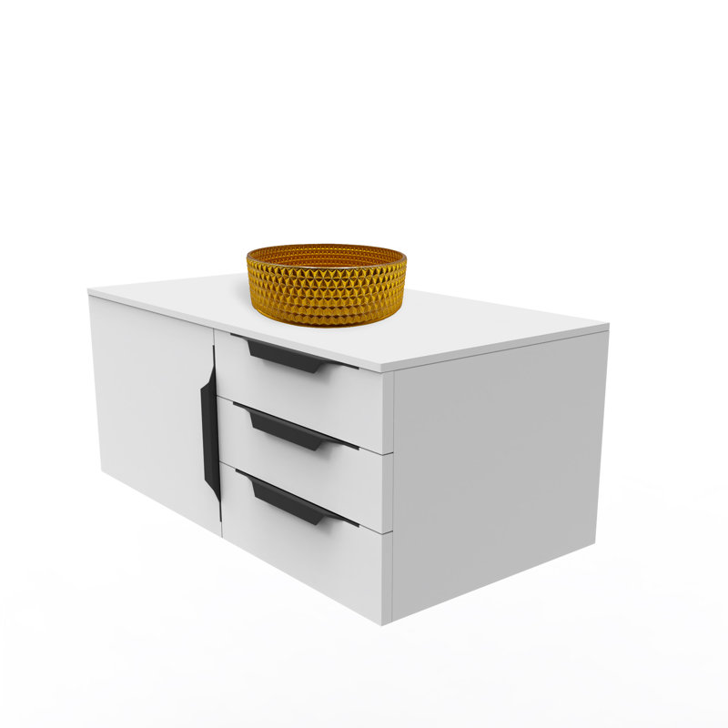 Wildsee 36" Floating Single Bathroom Black Vanity Set With Pink Tempered Glass Vessel Sink, White, Gold