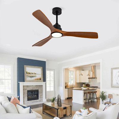 Hot Ventilateur de plafond noir moderne de 52 pouces avec lumière et 3 pales en bois massif avec moteur à courant continu réversible