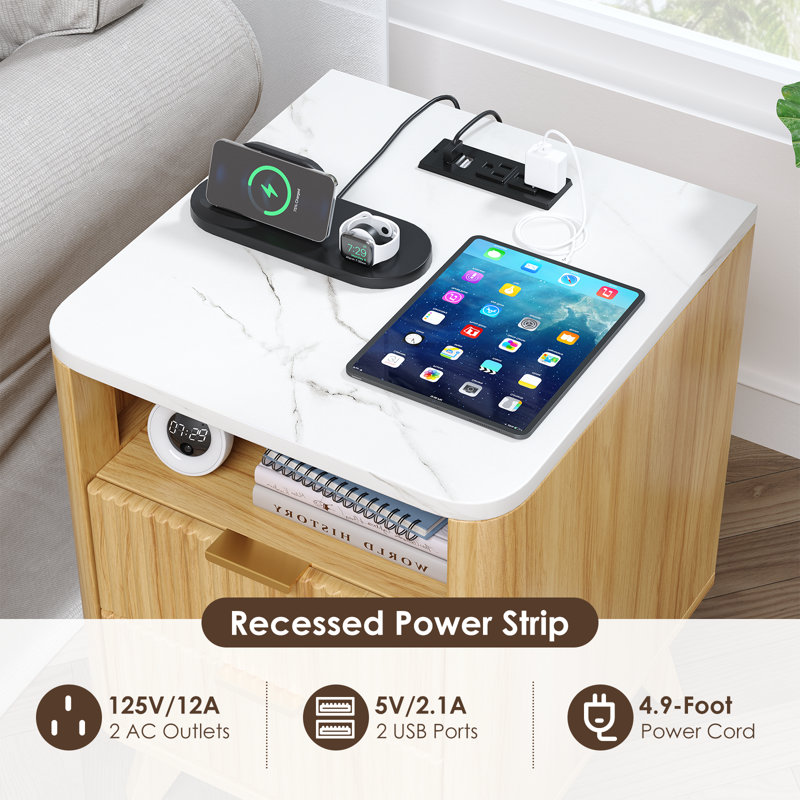 Nightstand with Charging Station, Fluted Nightstand with LED Lights, Modern Rustic Side Table with 2 Storage Drawers, Wooden End Table for Bedroom