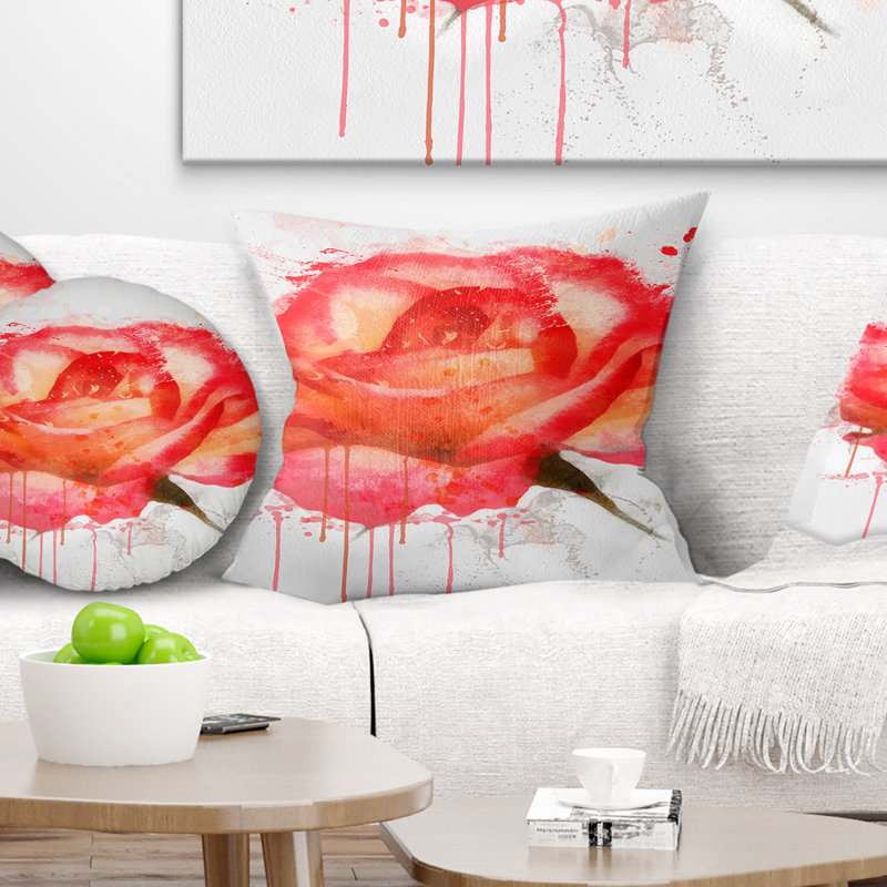 Coussin décoratif à la main avec des éclaboussures floral rose, 16 po x 1 po, Coussin décoratif