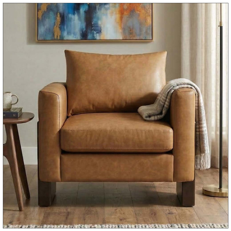 Fauteuil club moderne avec pieds en bois d'hévéa massif et accoudoirs architecturaux, Polyuréthane brun