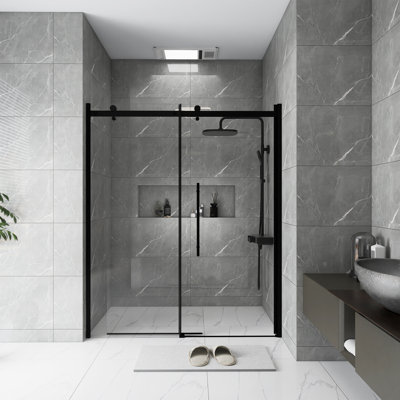 60 In.W X 72 In.H Frameless Single Sliding Shower Door | Reversible Installation | 1/4 Inch Thick  Transparent Tempered  Glass | Equipped With Zinc Roller  Track System, Stainless Steel Handle | Black