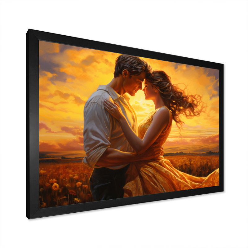 Kayzlyn, Couple romantique, paysage, Étreinte lumineuse II, H 16 po x l 32 po x P 1 po, Cadre simple noir