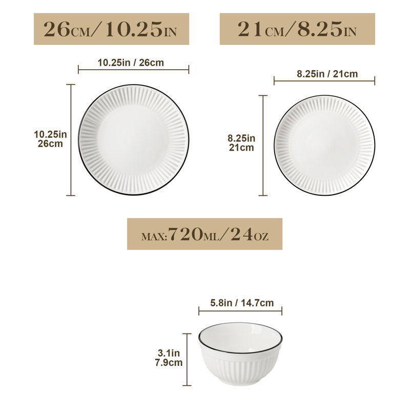 Piece Porcelain China Dinnerware Set - Service for 4, White/Black