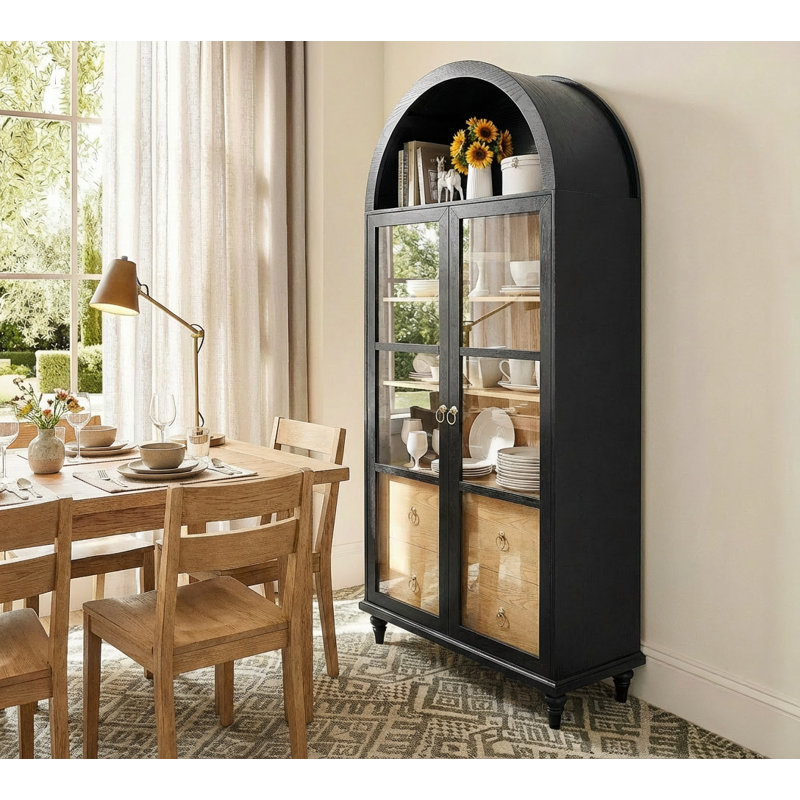 71" Arched Bookcase With Glass Doors And Solid Wood Legs - Versatile Display Cabinet & Kitchen Pantry Storage Cabinet