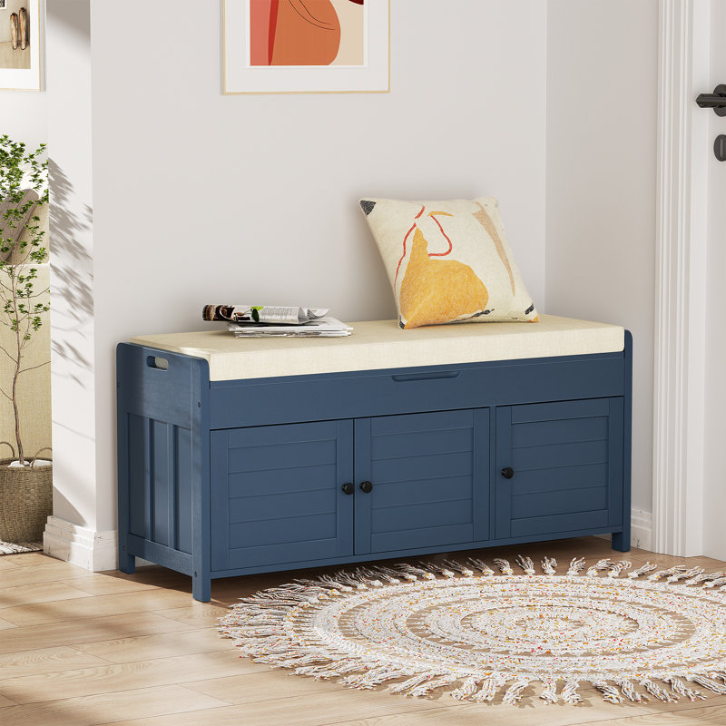 Banc de hall d'entrée 43,5 "avec rangement pour chaussures et coussin cachés, Marine